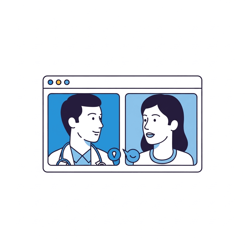 Video consultation screen with doctor and patient